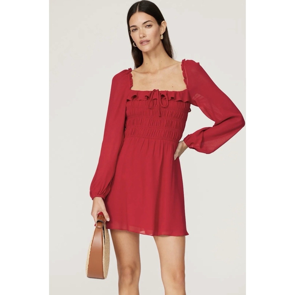 Reformation Red‎ Smocked Mini Dress Ruffle Square Neck Romantic Boho Coquette 2